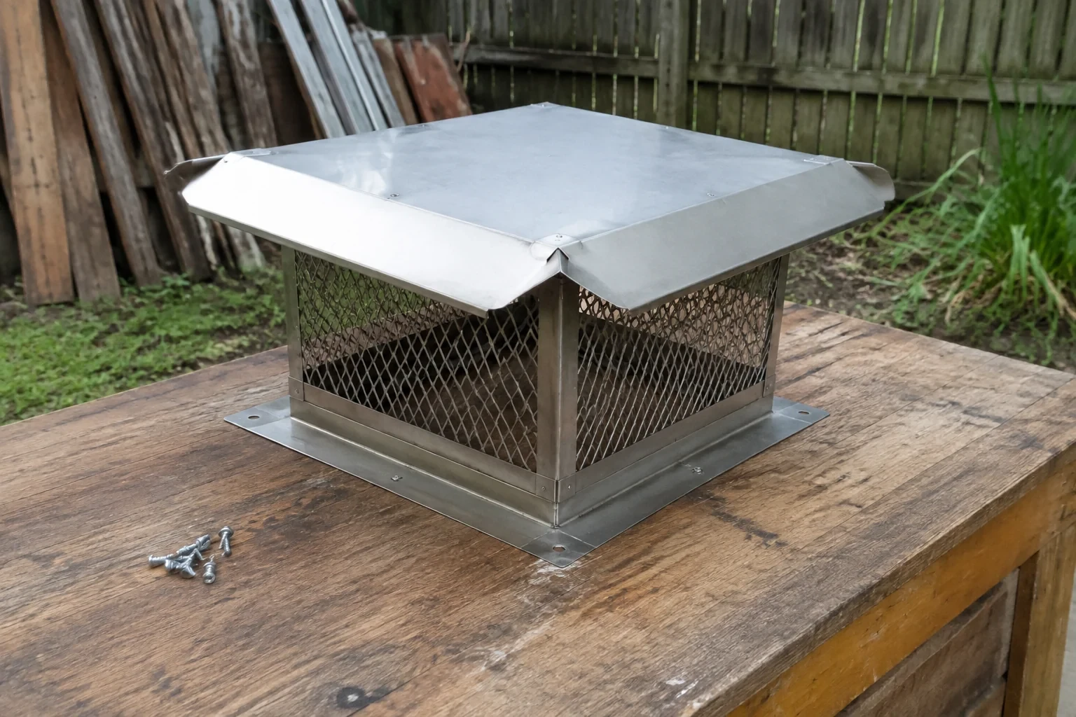 Detached metal chimney cap on a backyard workbench.