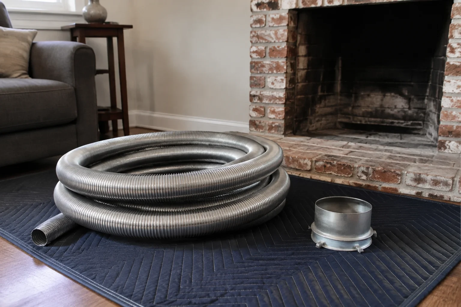 Flexible metal chimney liner and collar beside a cold fireplace.
