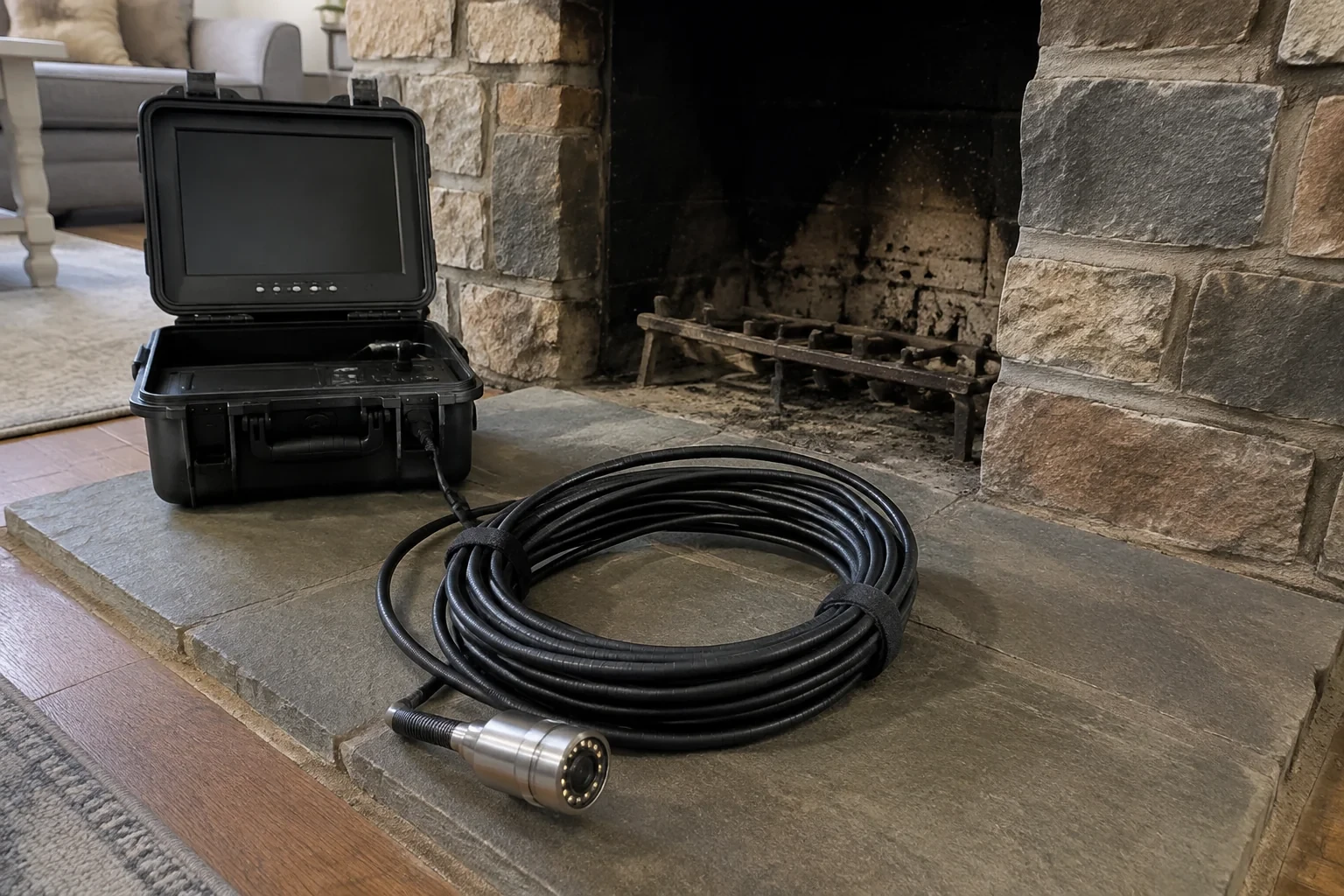 Flue camera head, coiled cable and portable monitor on a stone hearth.