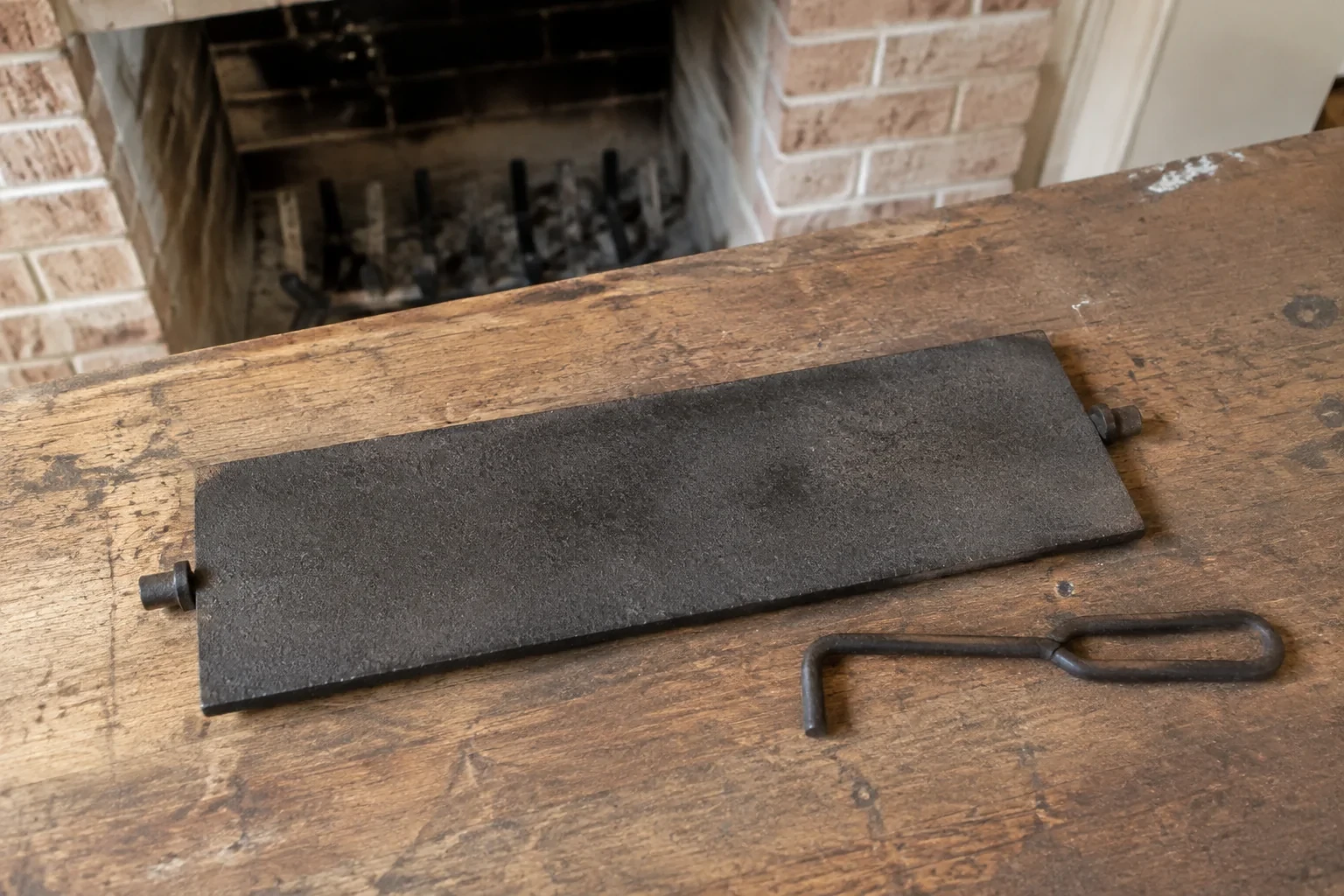 Detached fireplace damper plate and control handle on a workbench.