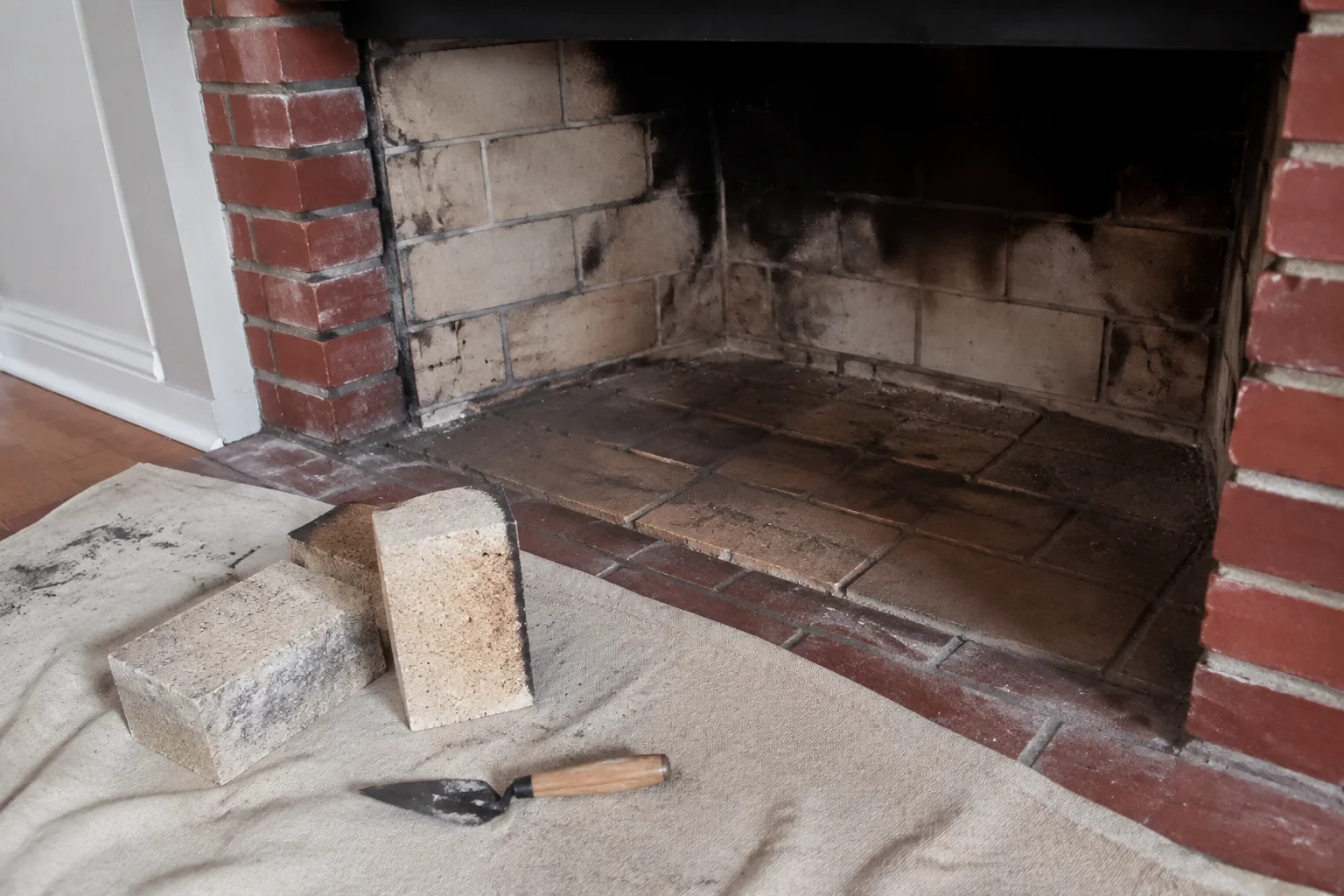 Firebrick firebox with replacement bricks and trowel nearby.