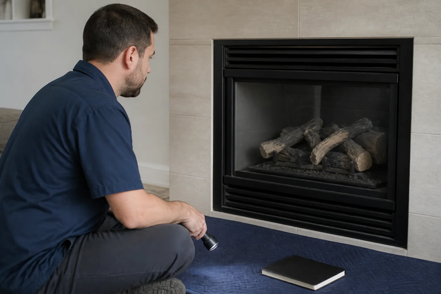 Technician beside a cold glass-front gas fireplace.