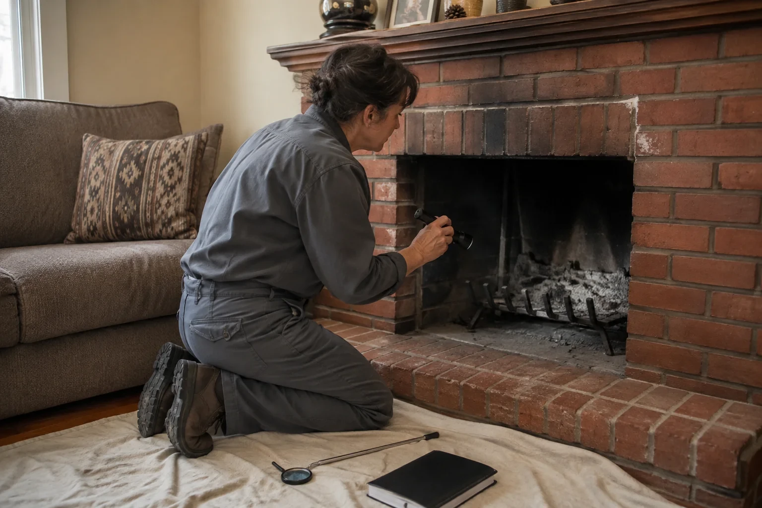 Technician examining a cold brick fireplace with a flashlight.
