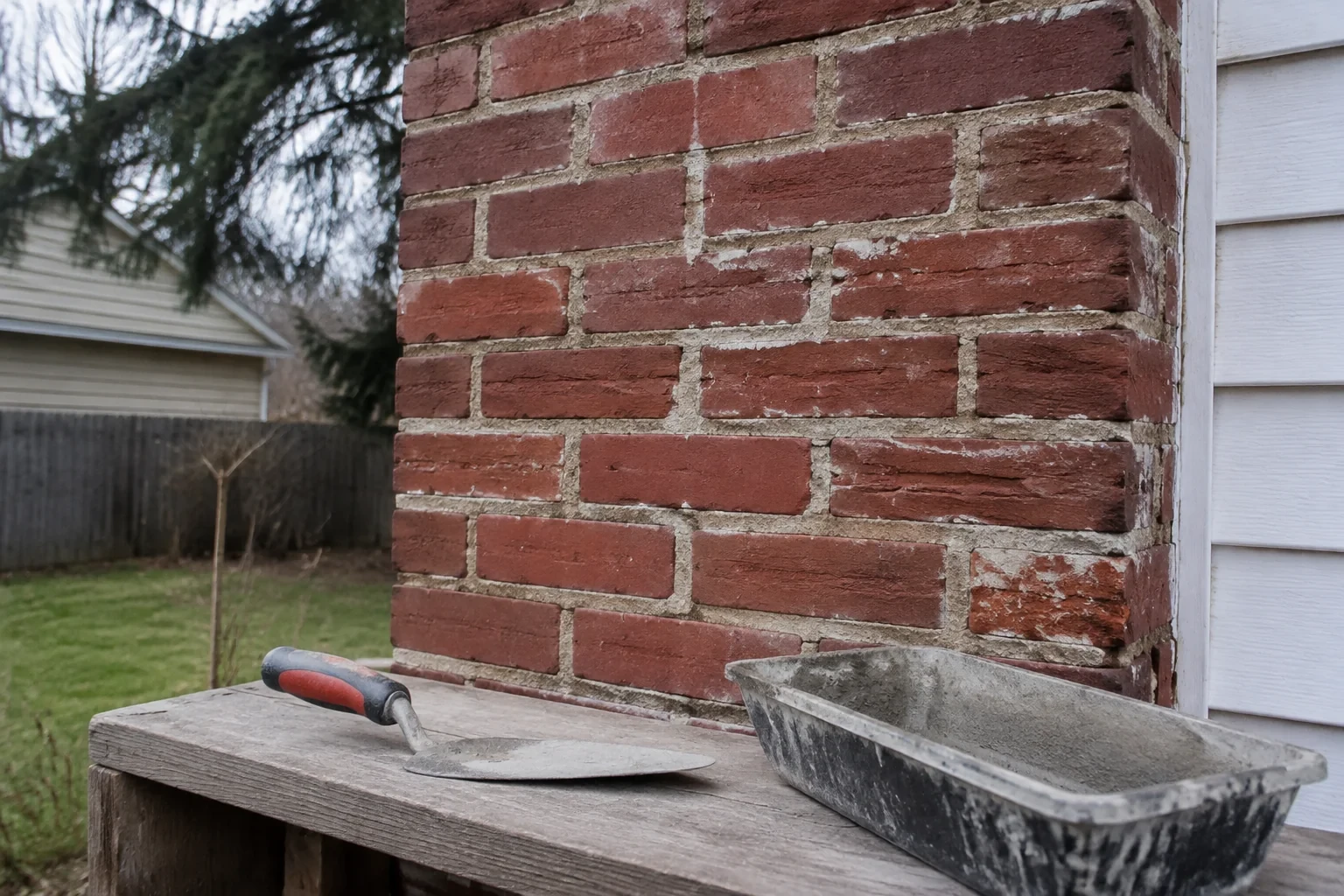 Brick chimney masonry with pointing tools on a low bench.